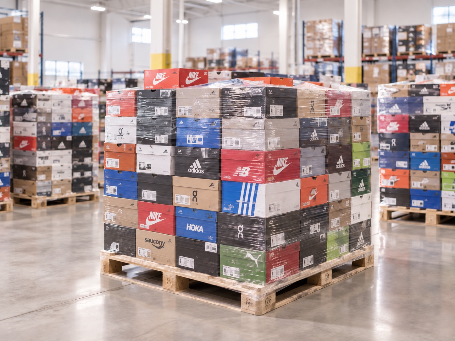 Recovered sneakers organized and processed for resale in a fulfillment warehouse