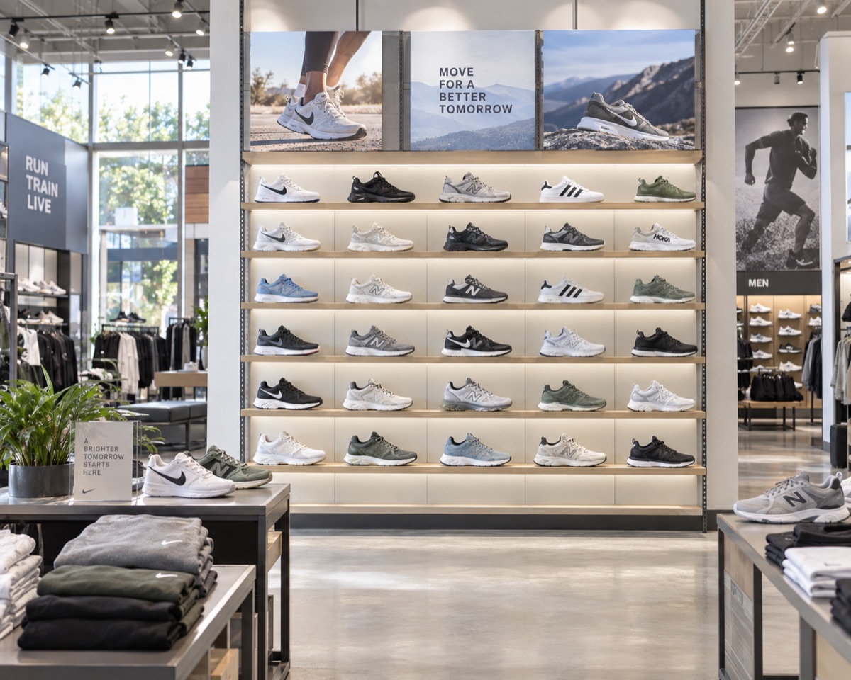 A bright modern athletic footwear store with a wall of sneakers on display