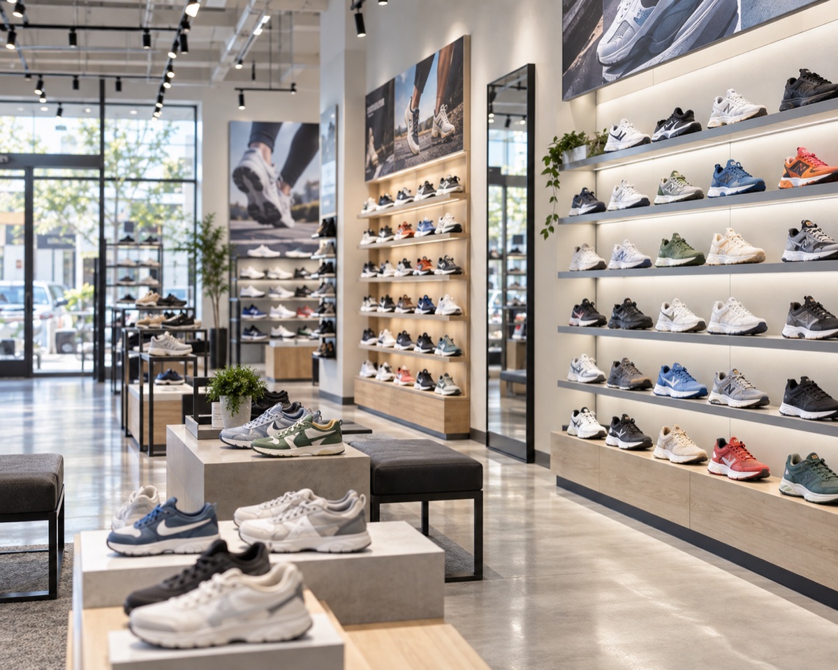 A bright modern sneaker store with walls of athletic shoes on lit display shelves