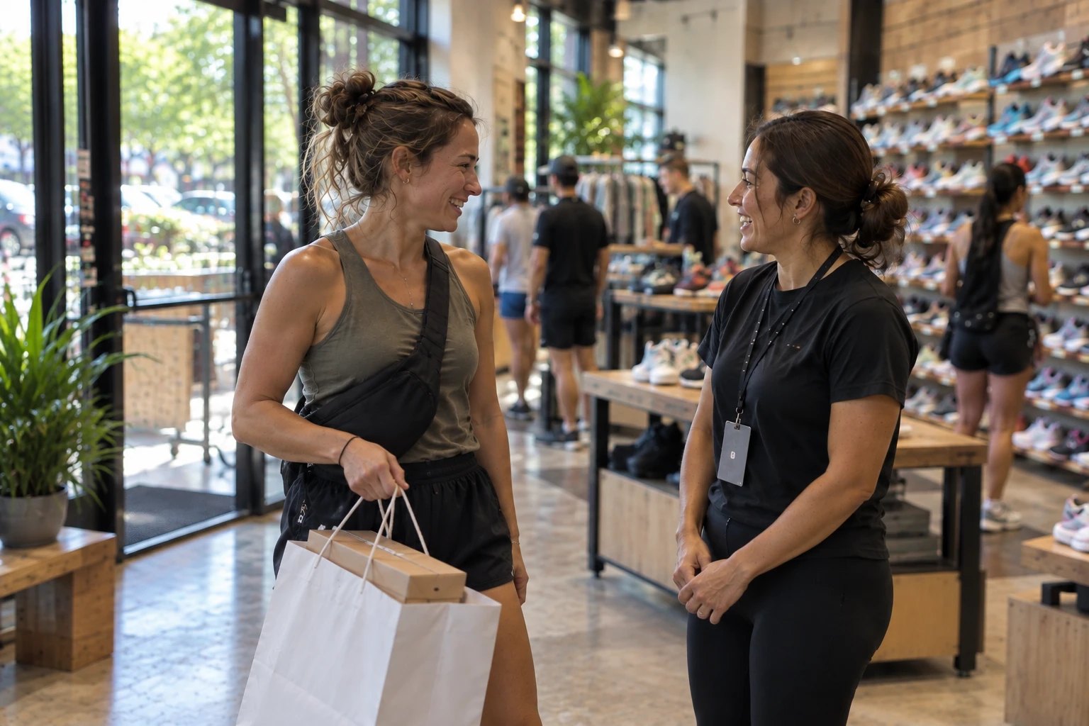 A store employee warmly greets a returning customer carrying a shopping bag