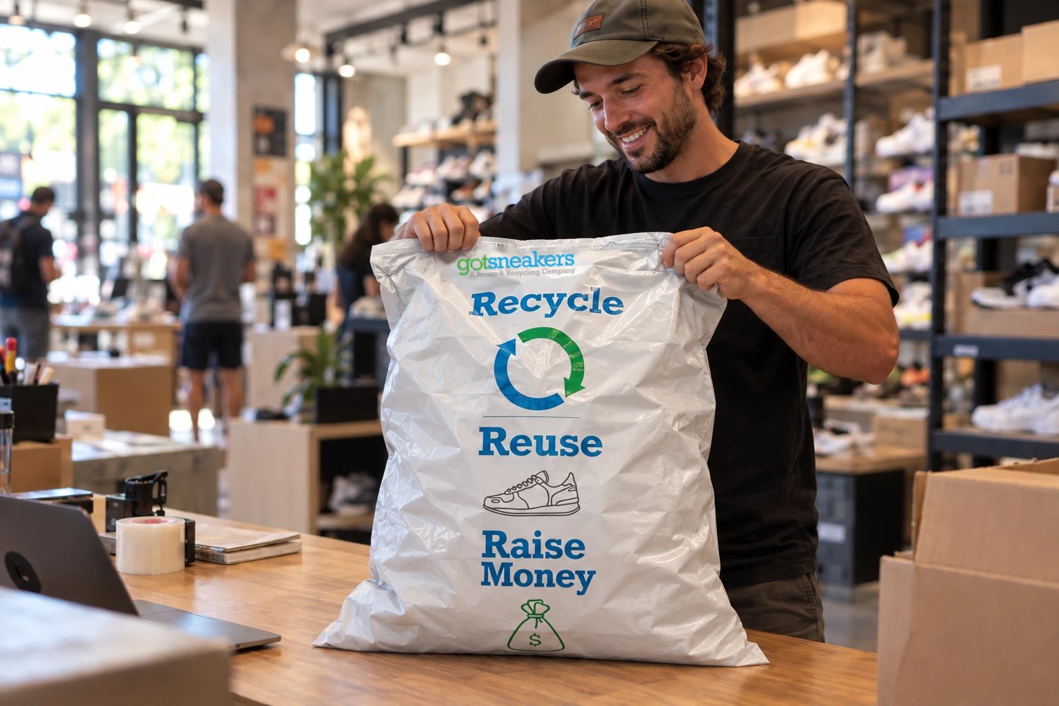 A store owner holding a full GotSneakers recycle, reuse, raise money collection bag at the counter