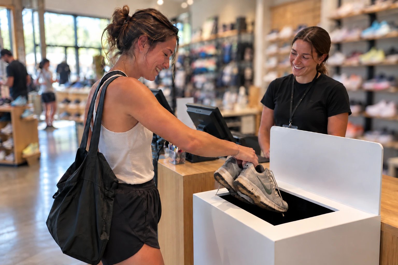A shopper drops worn running shoes into a recycling collection bin at a running store checkout